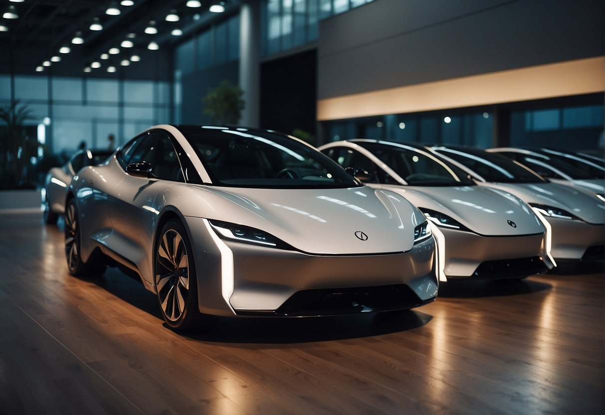 A lineup of sleek electric cars, each with distinct features, sits on a showroom floor. Their futuristic designs and advanced technology make them stand out