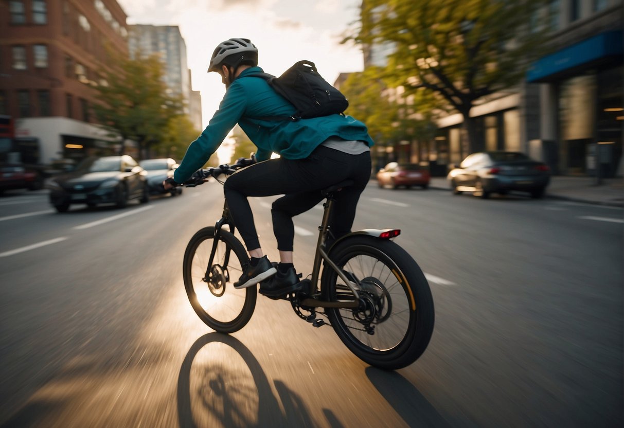 An electric bike zooms along a city street, with a battery pack powering the motor. Pedals turn as the rider effortlessly cruises up a hill, showcasing the bike's performance and efficiency