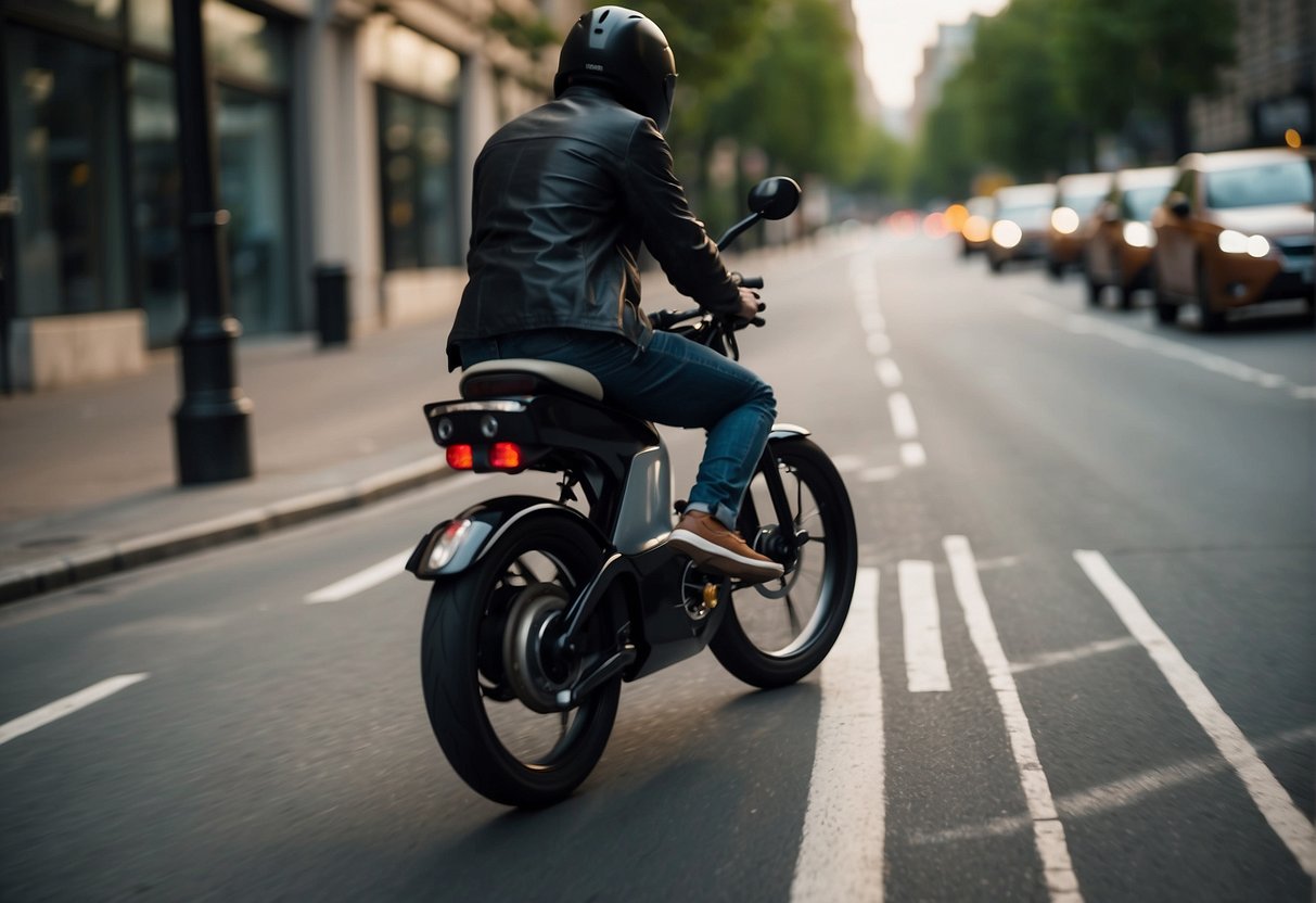 An electric bike zooms down a city street, its wheels spinning quickly as it reaches a top speed